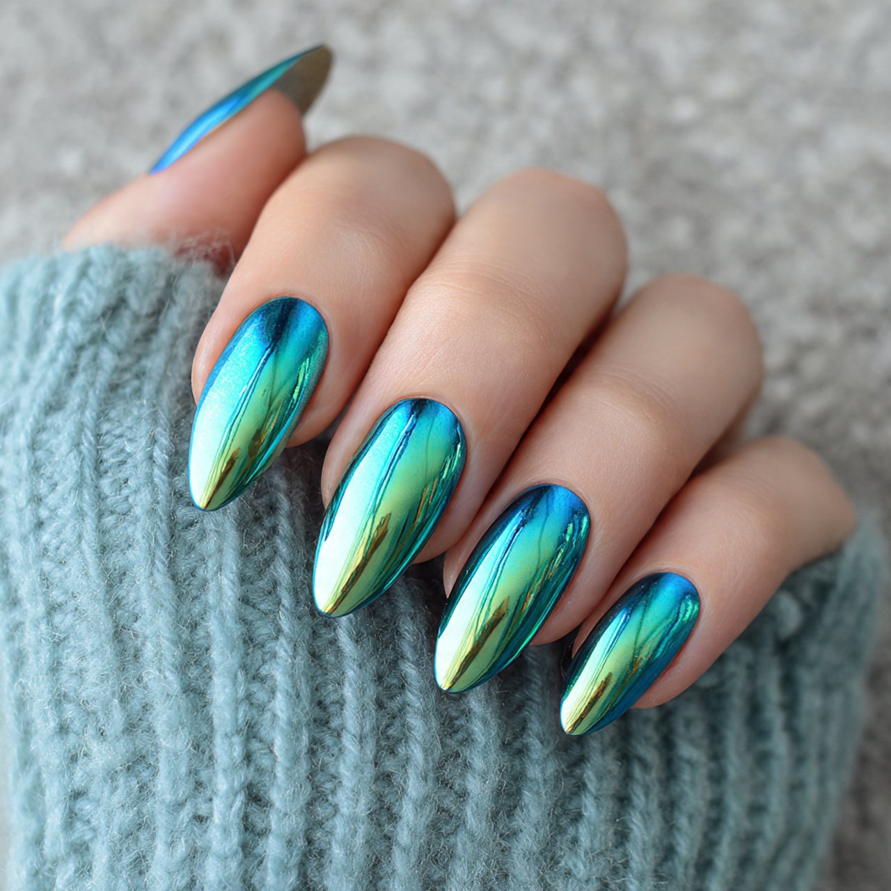 turquoise chrome almond nails