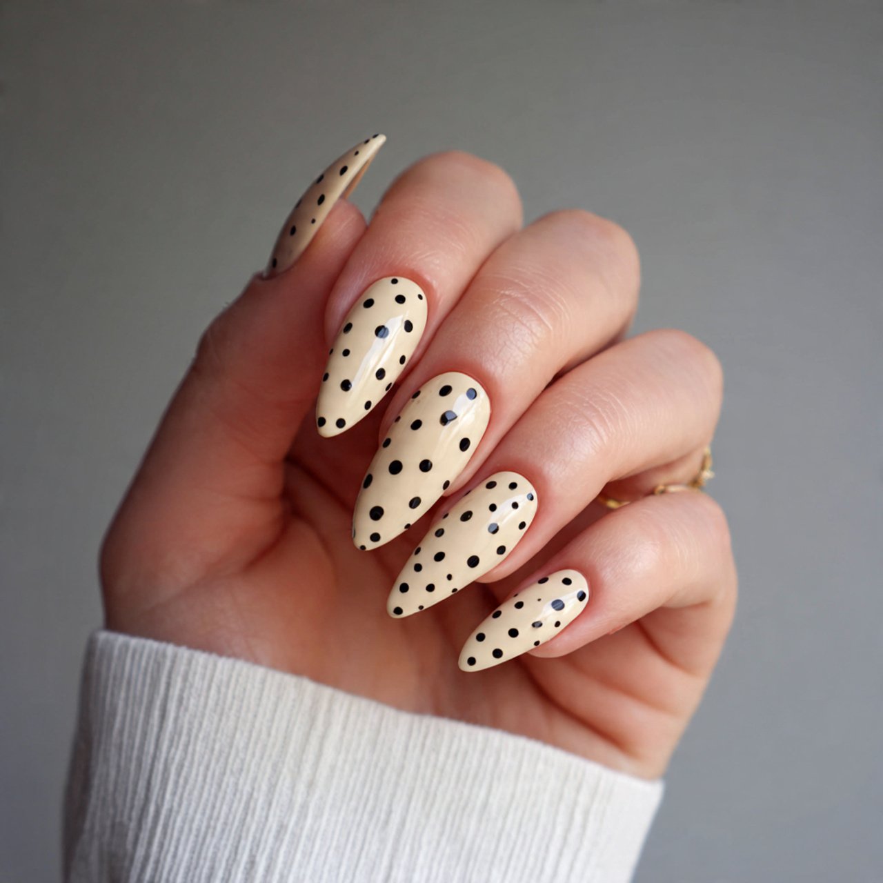 vanilla nails with black dot cuticles nails