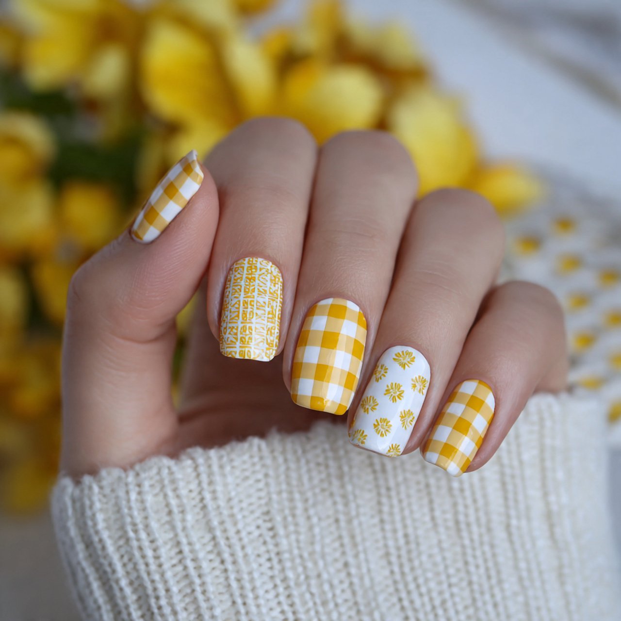 yellow and white gingham nails