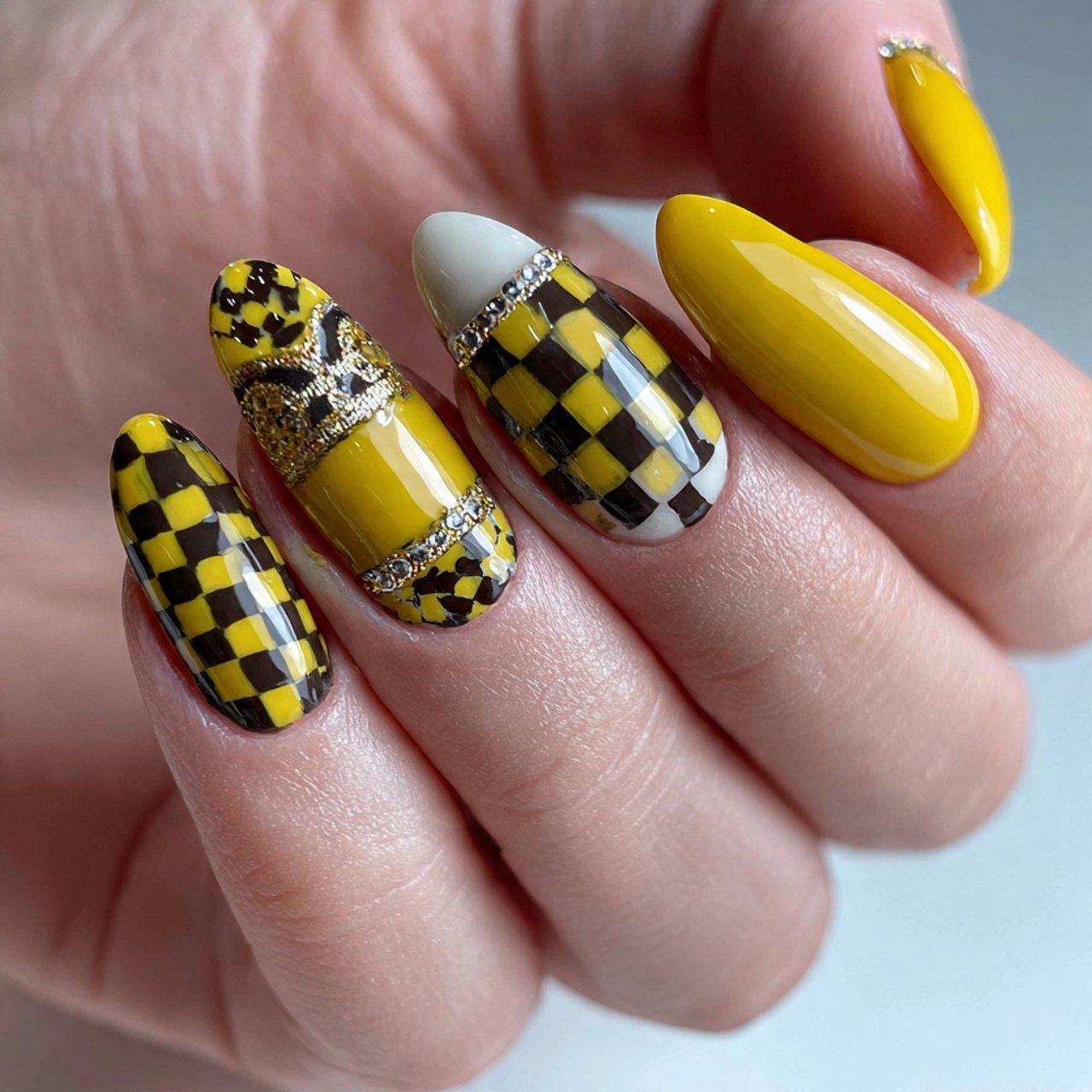 yellow checker accent nails