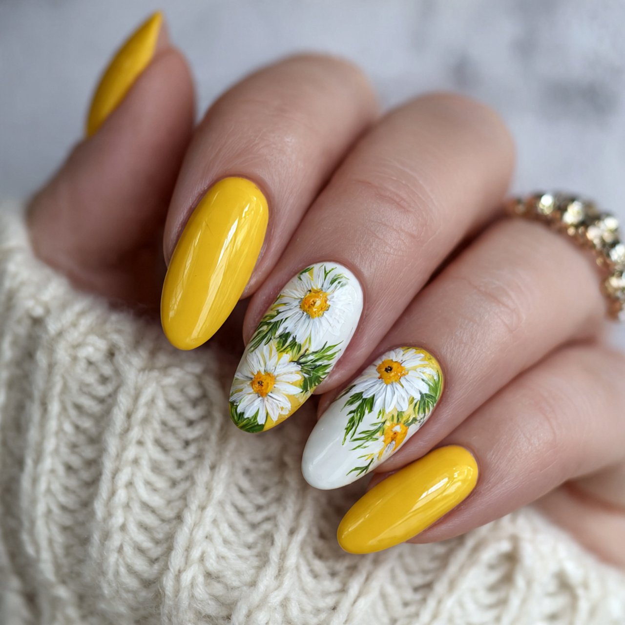 yellow daisy accent nails