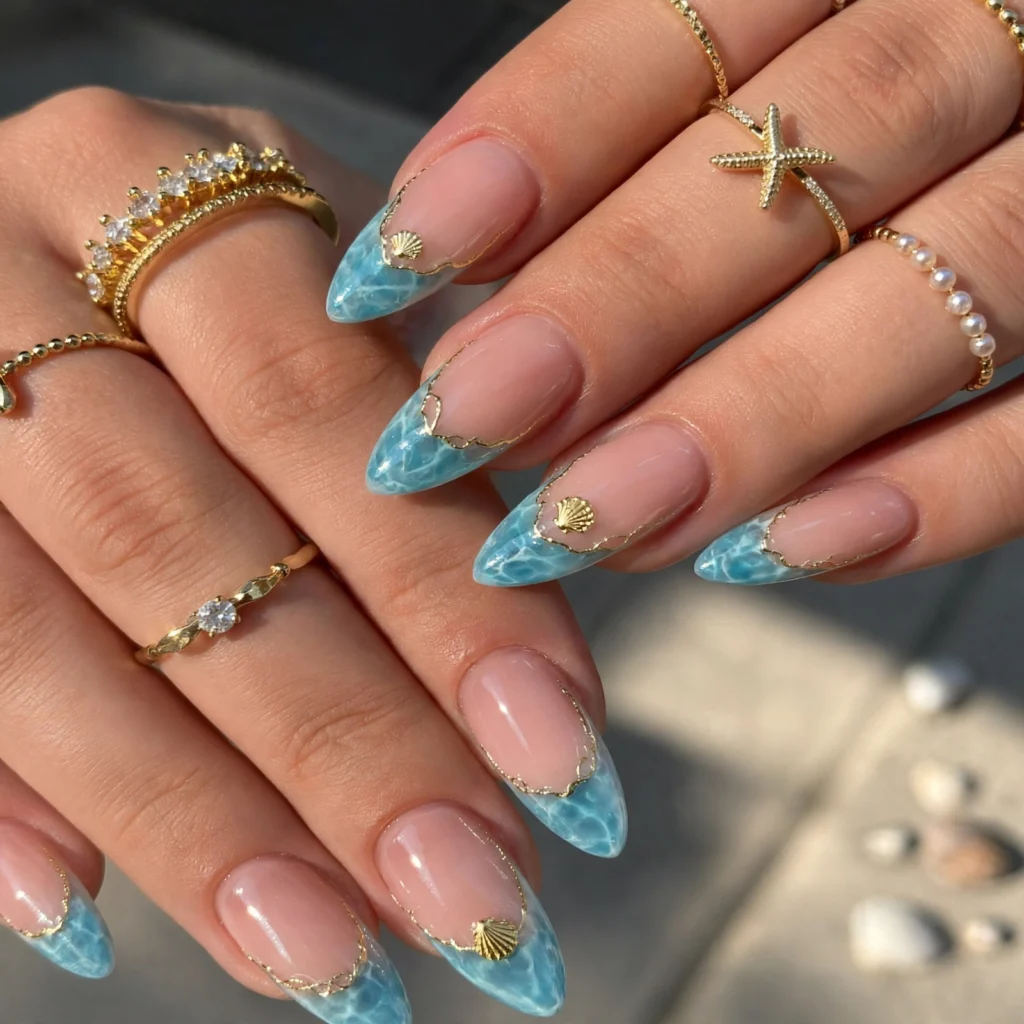 ocean blue marbled nails