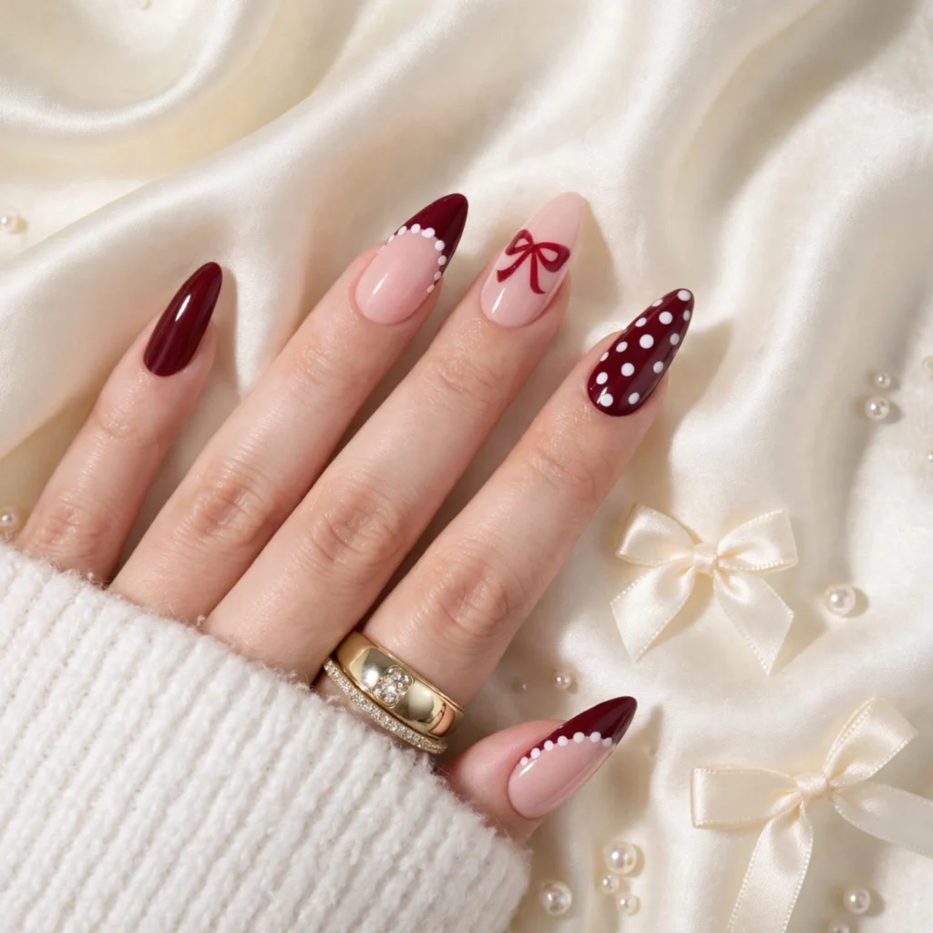 Cherry Red Aesthetic Nail Inspo: Chic, Modern & Salon-Approved Nail Designs 1 coquette flat lay