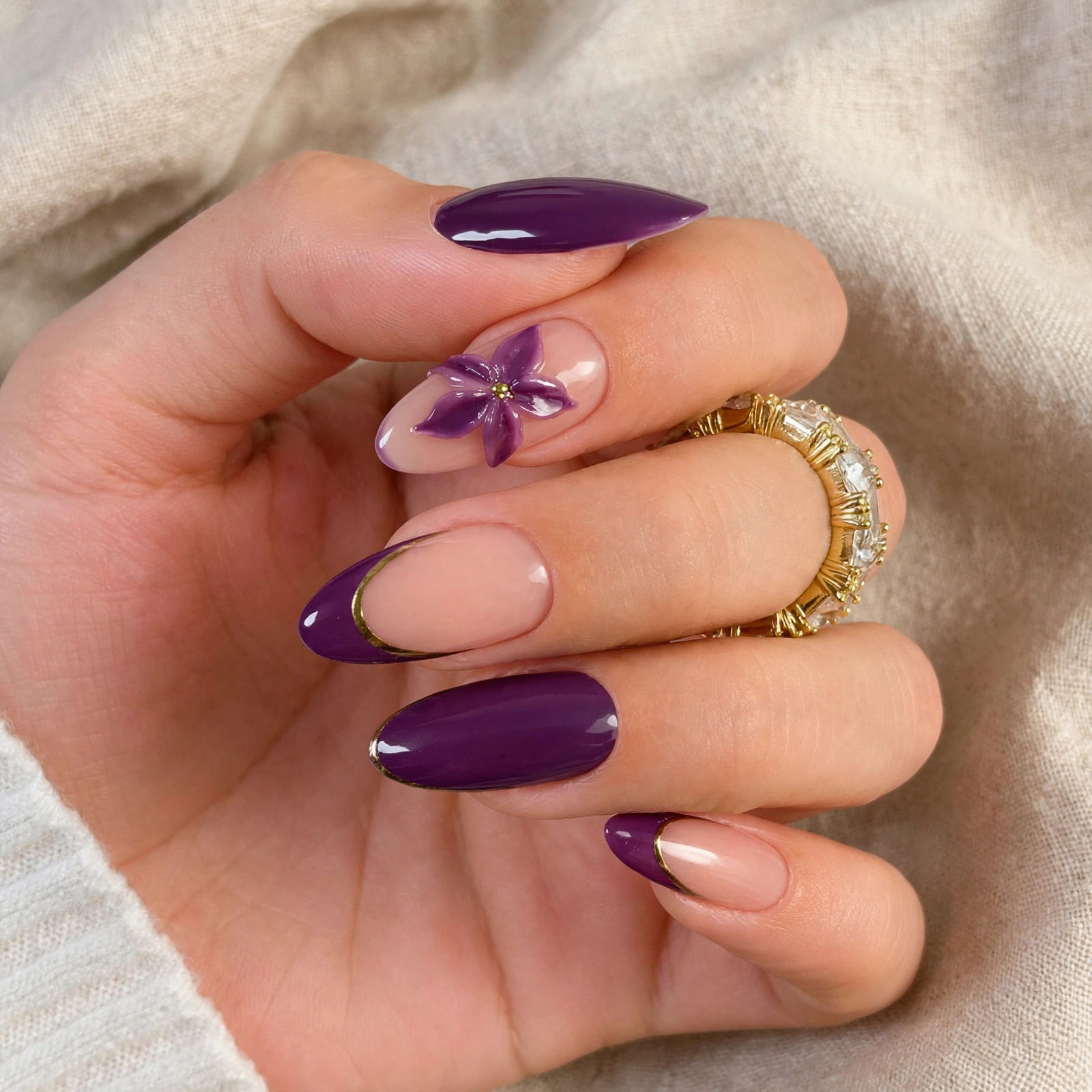Regal Purple Floral French Nails: An Elegant French Manicure With a Romantic Floral Finish