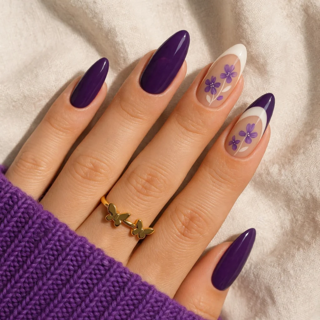 Regal Purple Floral French Nails: An Elegant French Manicure With a Romantic Floral Finish 1 hand linen nails