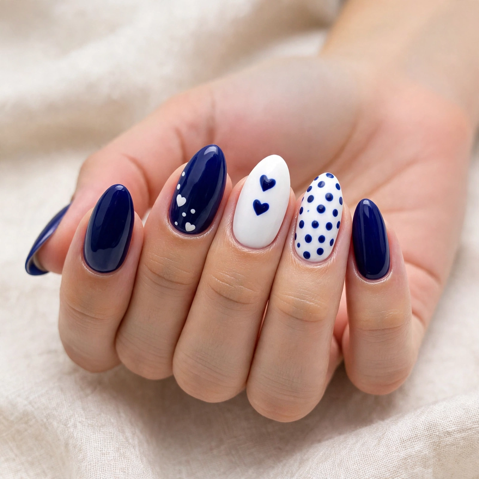 Elegant White & Navy Blue Floral Almond Nails: A Refined Nail Look With Timeless Detail