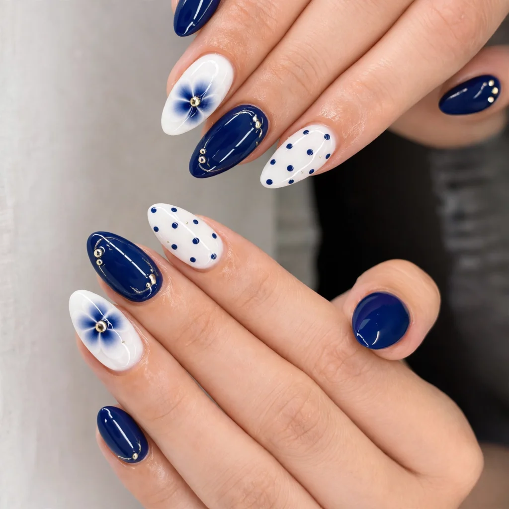 Elegant White & Navy Blue Floral Almond Nails: A Refined Nail Look With Timeless Detail 1 luxury nail photography