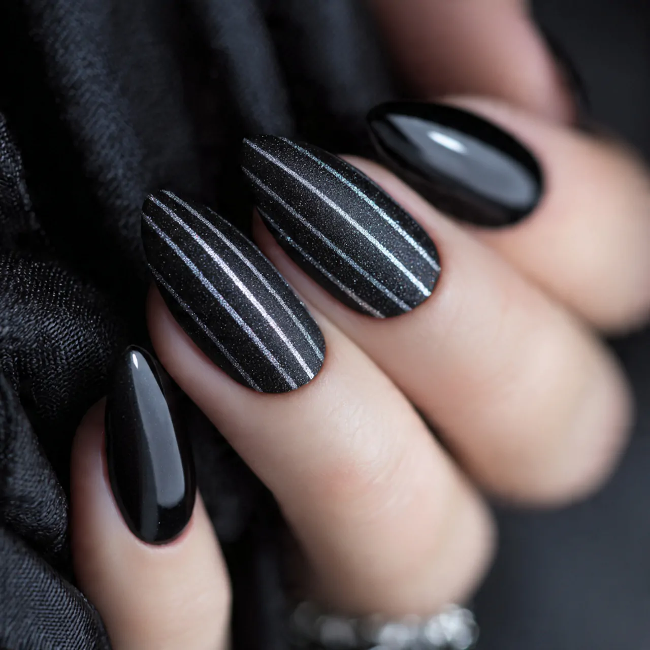 Striped Nails: 15 Chic Stripe Nail Designs That Look Clean, Modern, and Salon-Perfect 1 base with one ultra fine black pinstripe nails