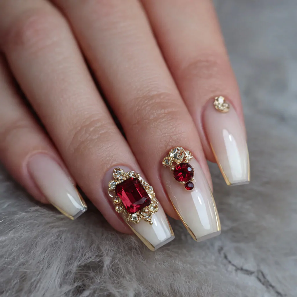Chinese New Year Nails: 15 Lucky, Stylish Nail Designs That Look Luxe (Not Costume) 15 base with red and gold gem accent