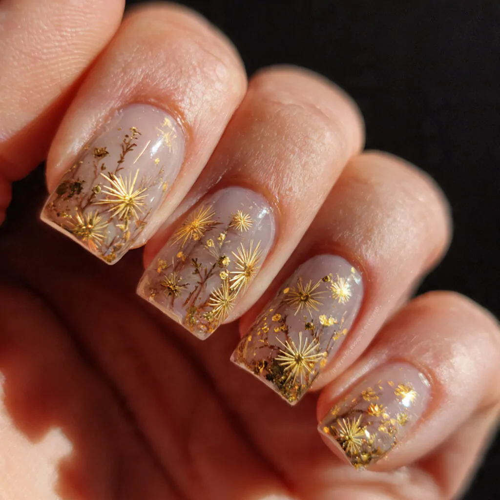 Chinese New Year Nails: 15 Lucky, Stylish Nail Designs That Look Luxe (Not Costume) 6 base with tiny gold starbursts nature looks
