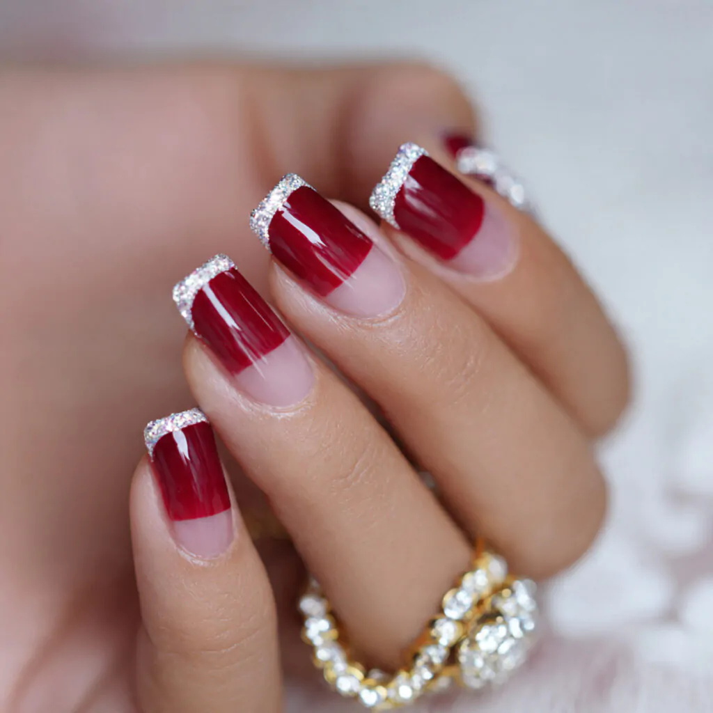 cherry red micro french on base nail design