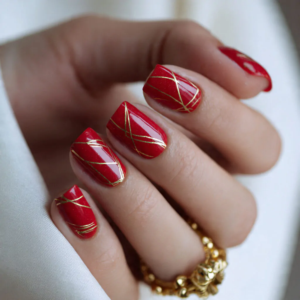 Chinese New Year Nails: 15 Lucky, Stylish Nail Designs That Look Luxe (Not Costume) 14 red base with minimal gold line art