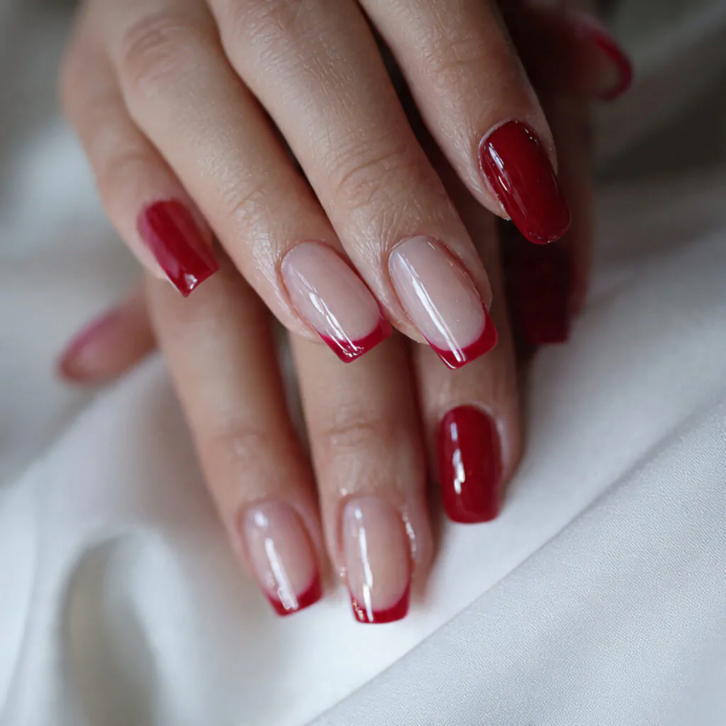 Chinese New Year Nails: 15 Lucky, Stylish Nail Designs That Look Luxe (Not Costume) 2 red french tips with a base attractive