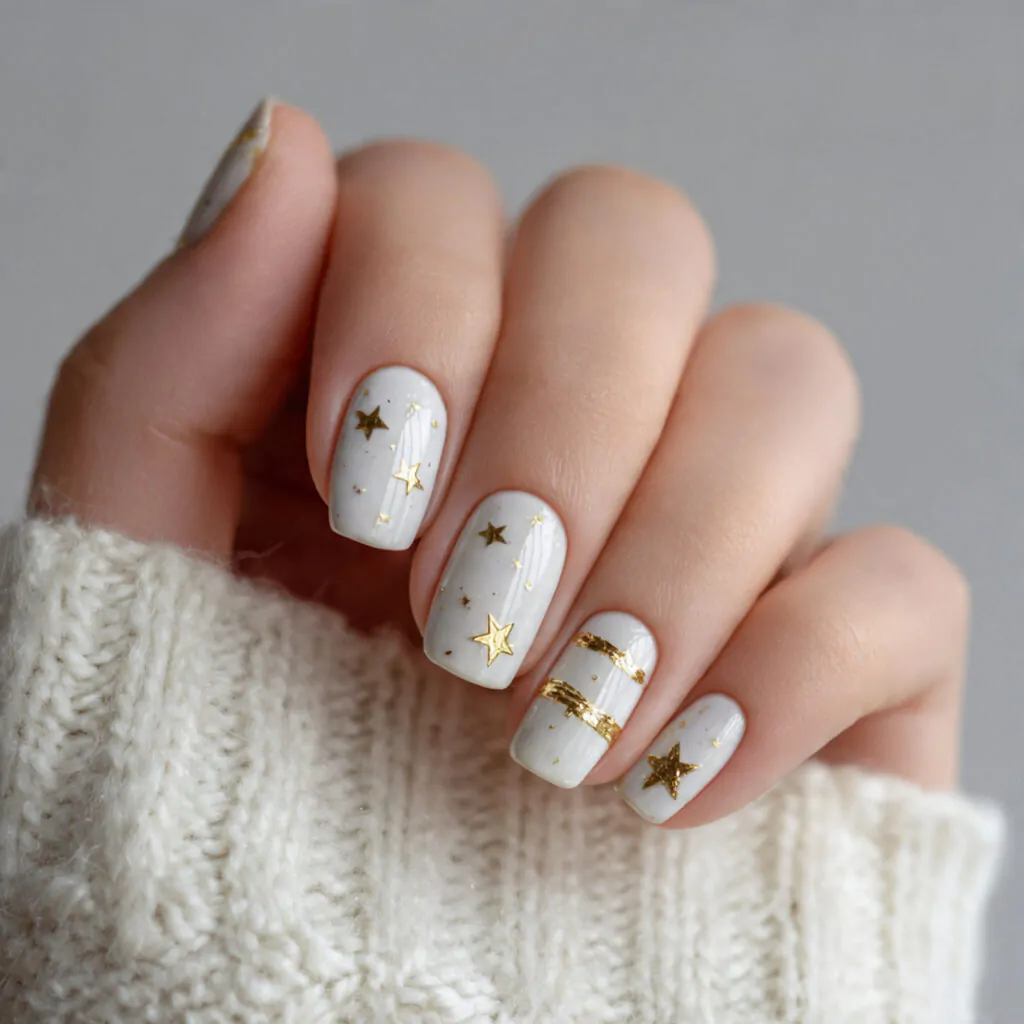 Christmas Nails Short: 15 Chic, Easy Designs That Look Clean and Festive 3 base single gold star accent attractive nails 1
