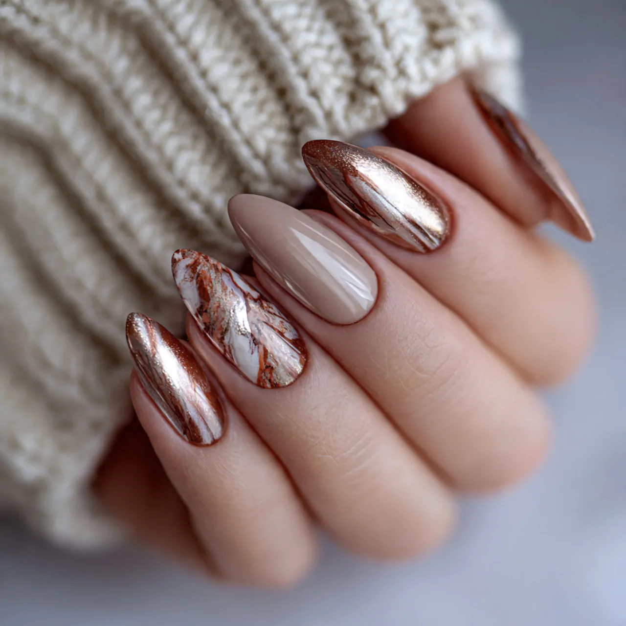 beige chrome cat eye hybrid nature looks nails