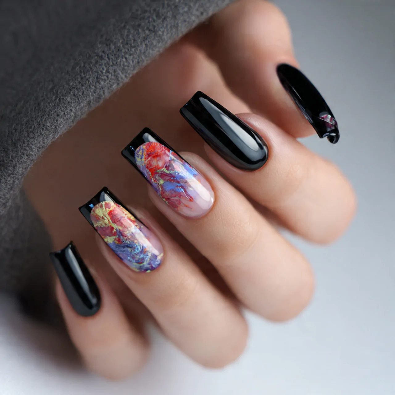 Black French Nails: Ideas for a Chic, Bold Look 14 black french tips with abstract art attractive nai 1
