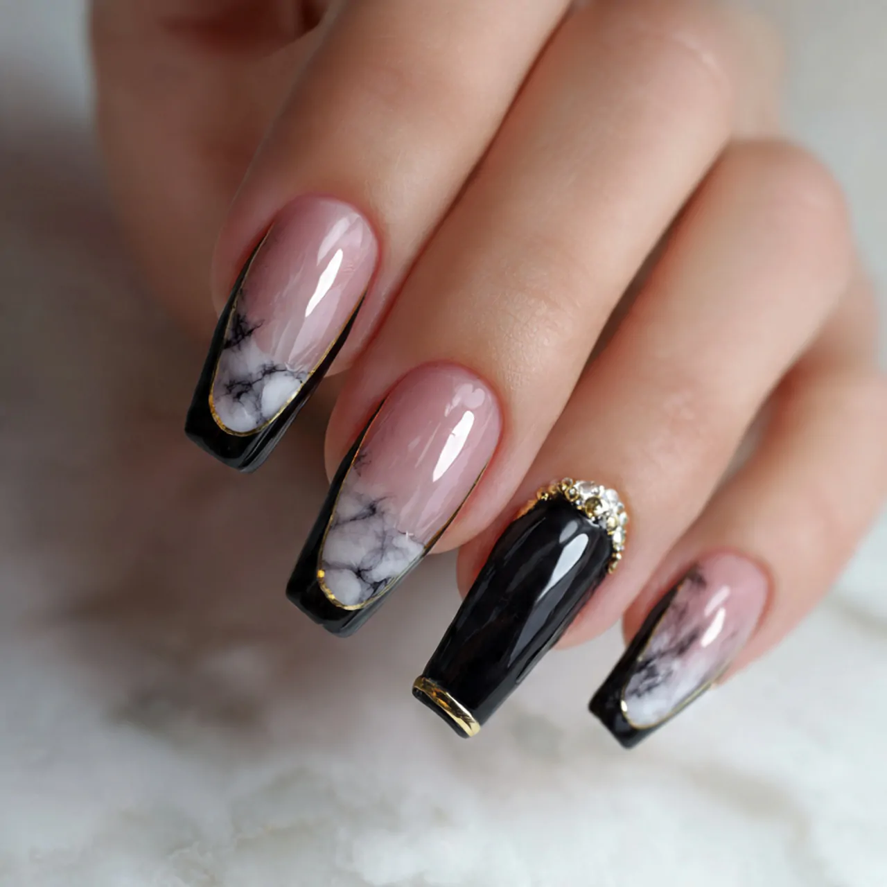 Black French Nails: Ideas for a Chic, Bold Look 6 black french tips with marble accents attractive n