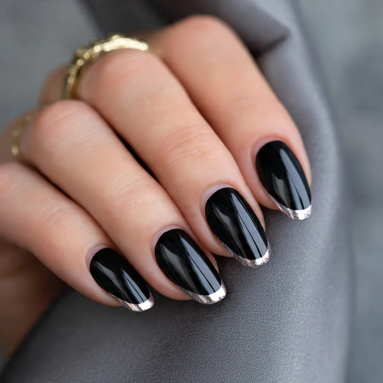Black French Nails: Ideas for a Chic, Bold Look 15 black french tips with metallic foil attractive na