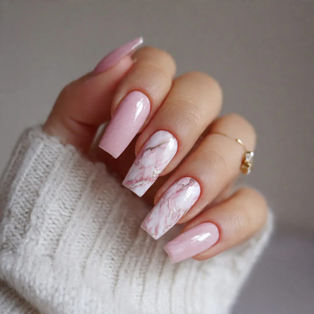 Pink Acrylic Nails: 15 Trendy Designs for Every Style 5 blush pink with white marble art attractive nails