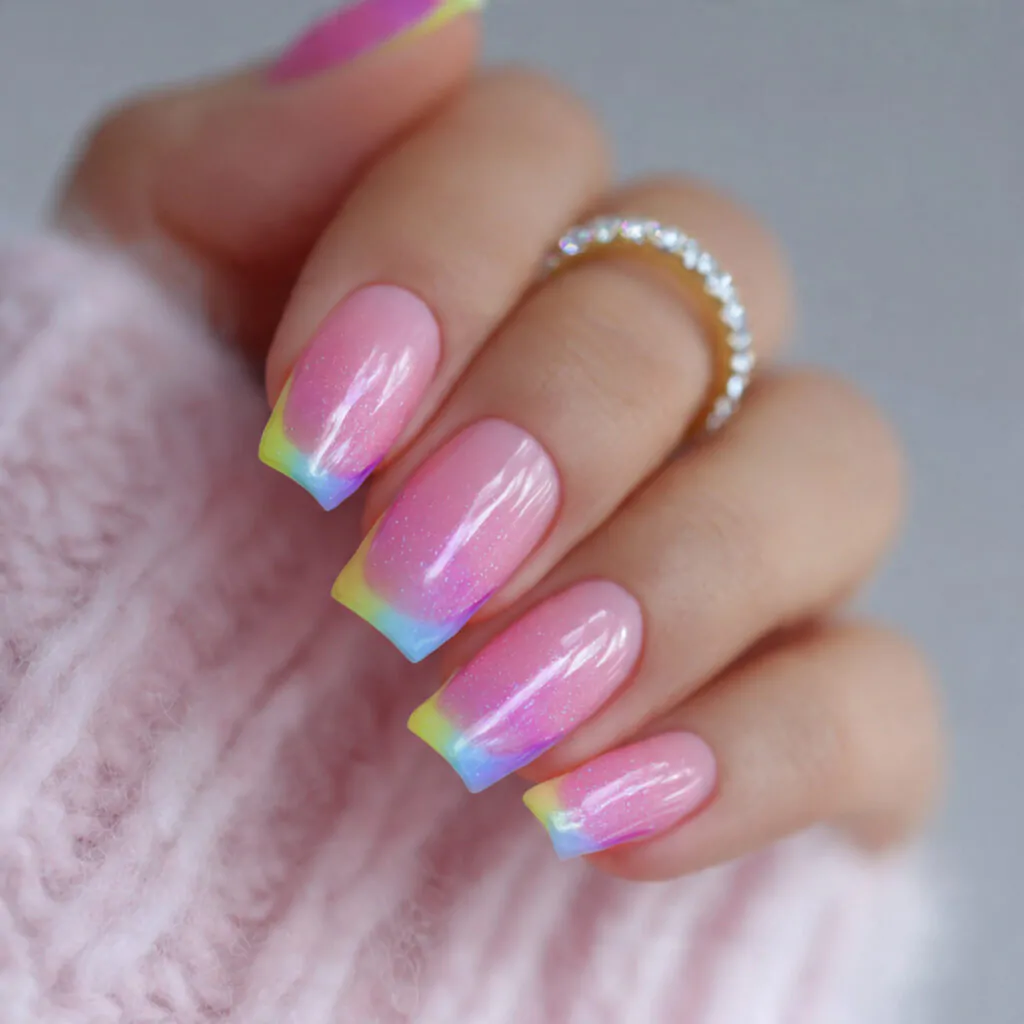 Pink Acrylic Nails: 15 Trendy Designs for Every Style 10 bubblegum pink with pastel rainbow tips attractive