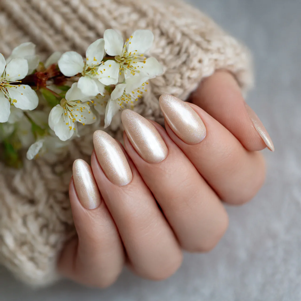champagne pearl beige chrome nature looks nails