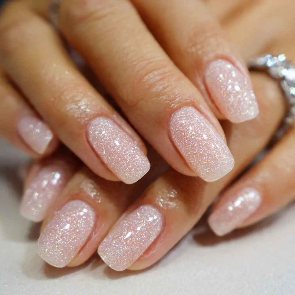 Christmas Nails Short: 15 Chic, Easy Designs That Look Clean and Festive 7 champagne shimmer glaze sheer sparkle overlay attr