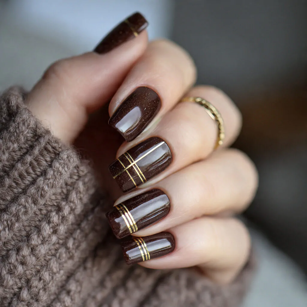 Christmas Nails Short: 15 Chic, Easy Designs That Look Clean and Festive 13 cocoa gold line warm cozy minimalism attractive na
