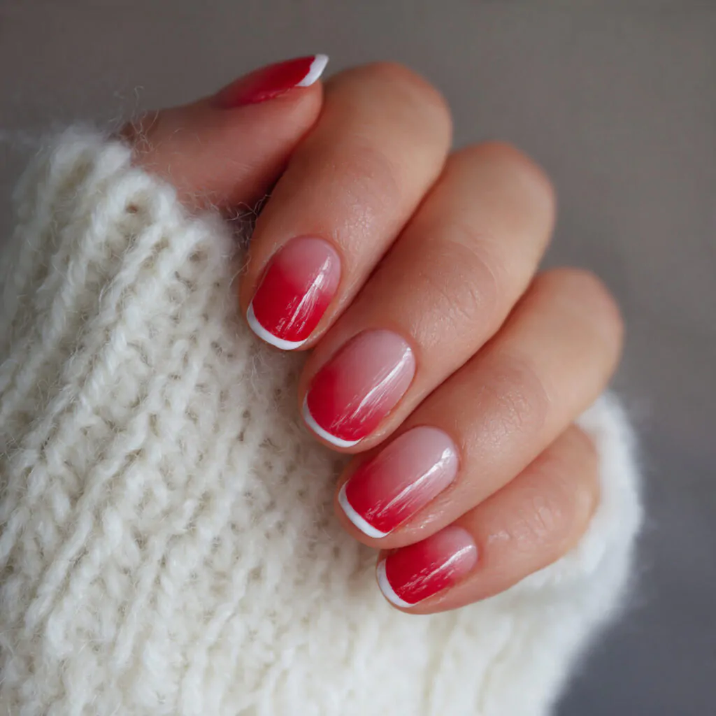 Christmas Nails Short: 15 Chic, Easy Designs That Look Clean and Festive 1 micro red french on a milky attractive nails 1