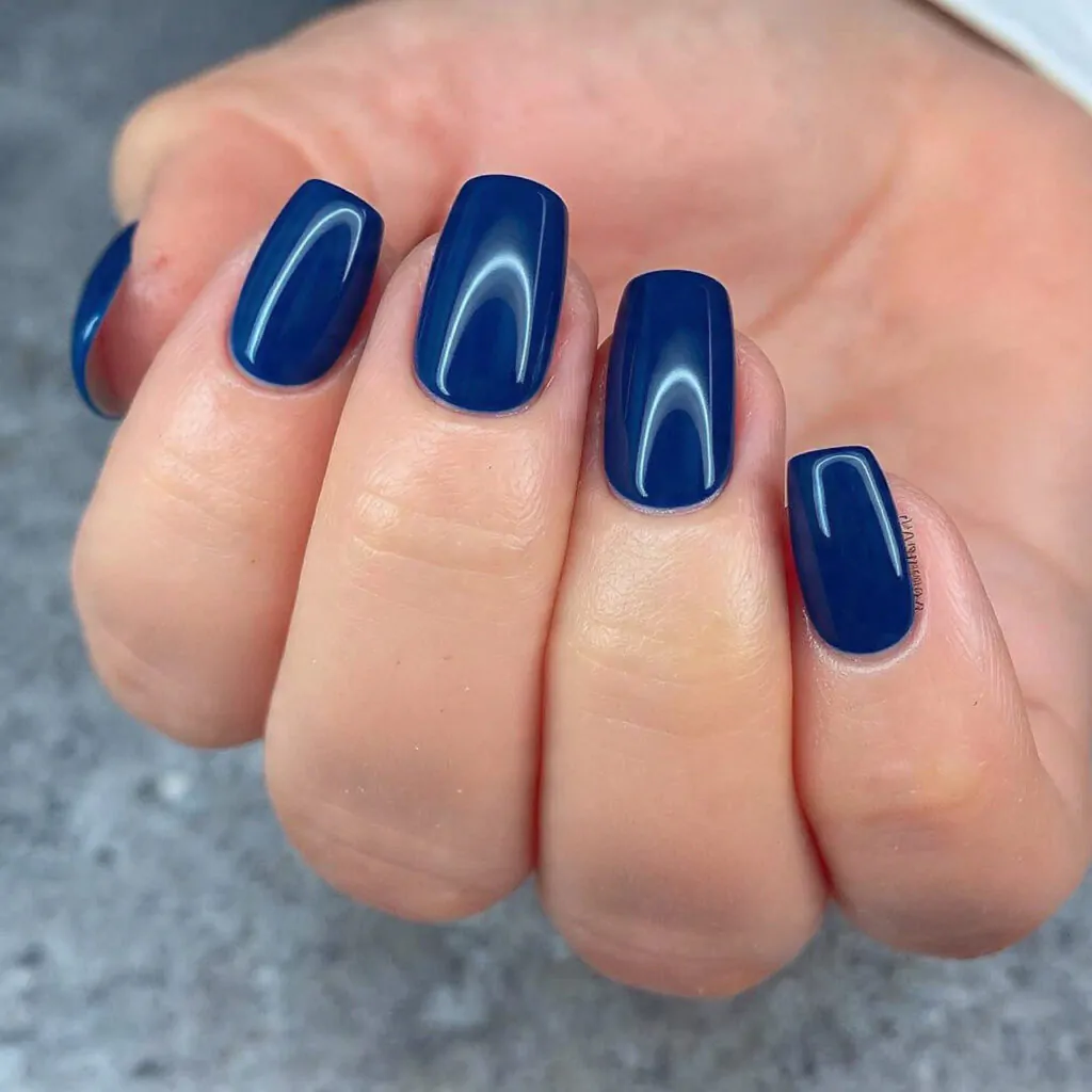 Short Square Nail Designs: 15 Salon-Tested Ideas That Look Expensive, Wear Well, and Suit Real Life 15 navy denim blue with a glossy top coat nails