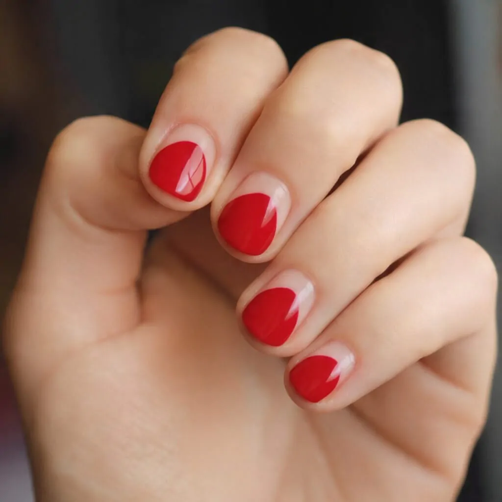 Christmas Nails Short: 15 Chic, Easy Designs That Look Clean and Festive 14 red half moon cuticle detail attractive nails