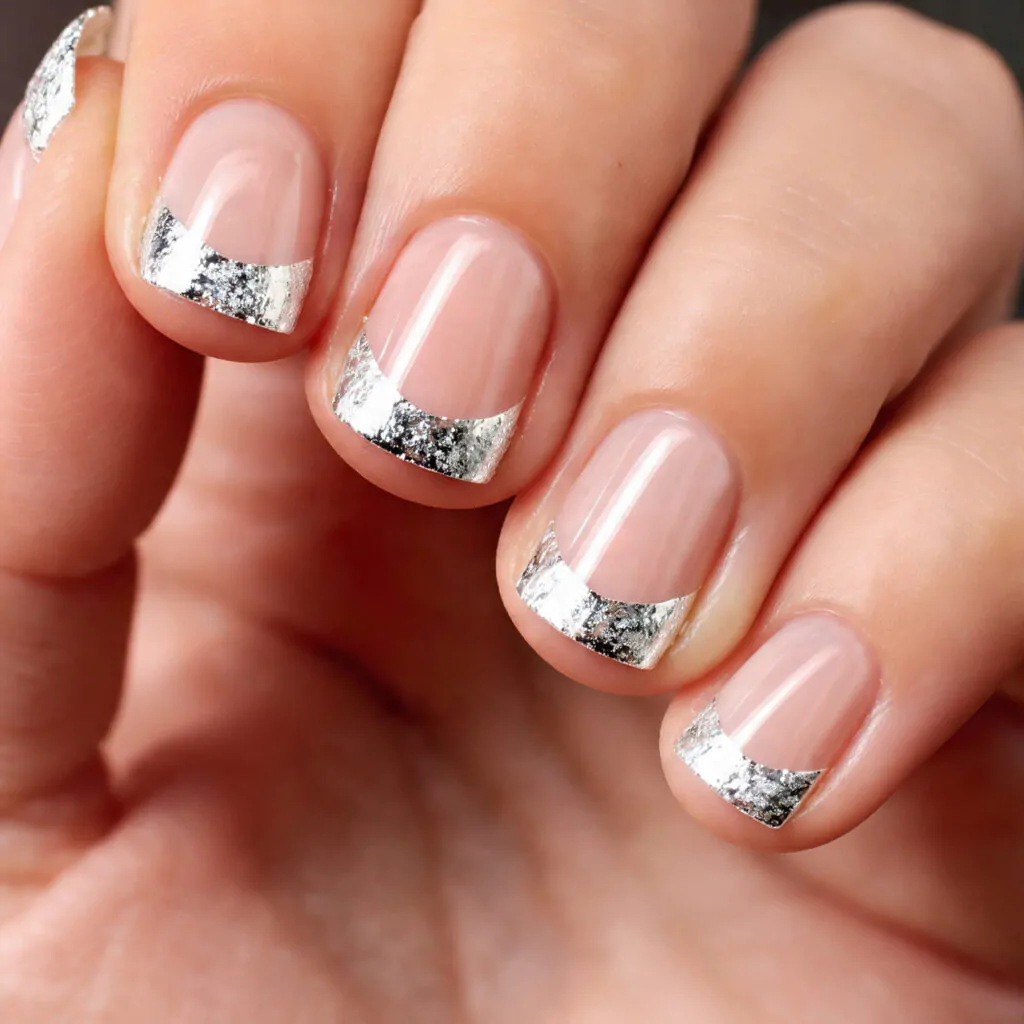 Christmas Nails Short: 15 Chic, Easy Designs That Look Clean and Festive 8 silver foil tinsel tips attractive nails 1