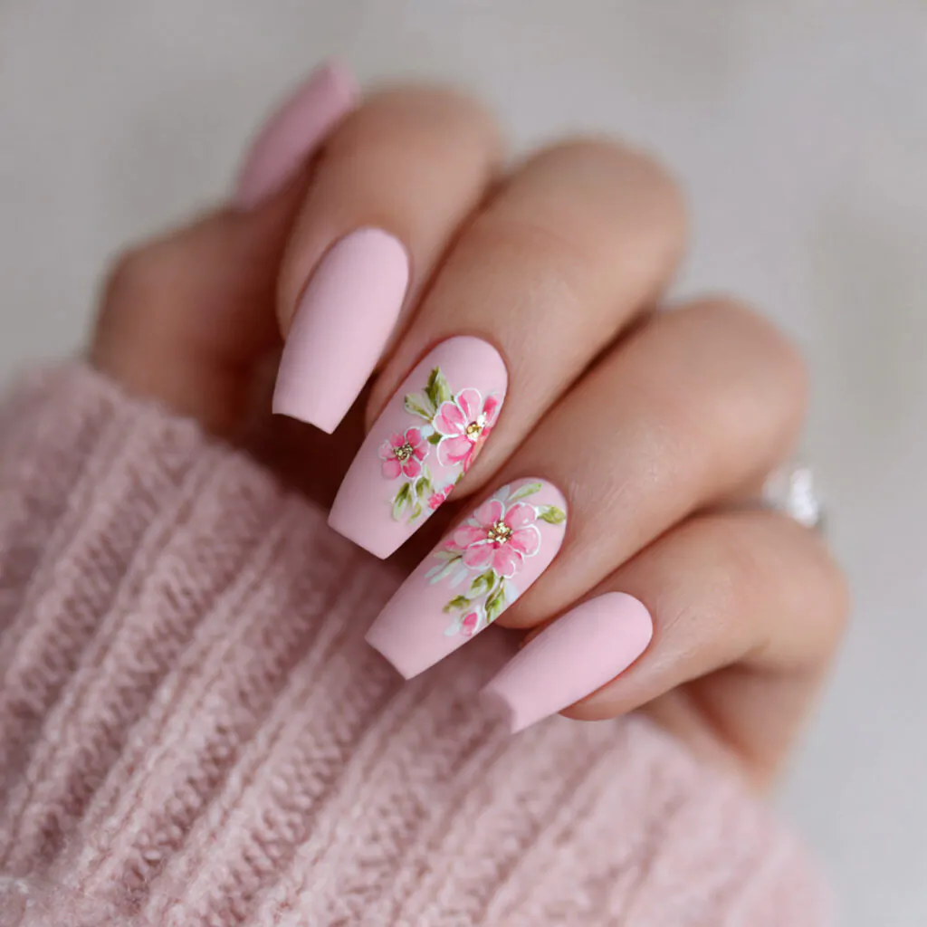 Pink Acrylic Nails: 15 Trendy Designs for Every Style 4 soft pink matte with floral accents attractive nai