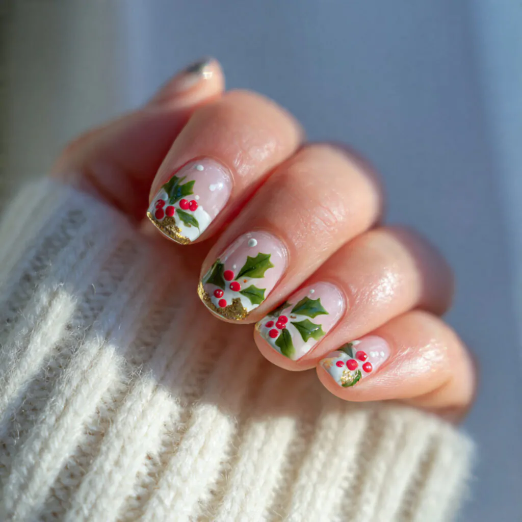 Christmas Nails Short: 15 Chic, Easy Designs That Look Clean and Festive 6 tiny holly corner detail minimal recognizable attr