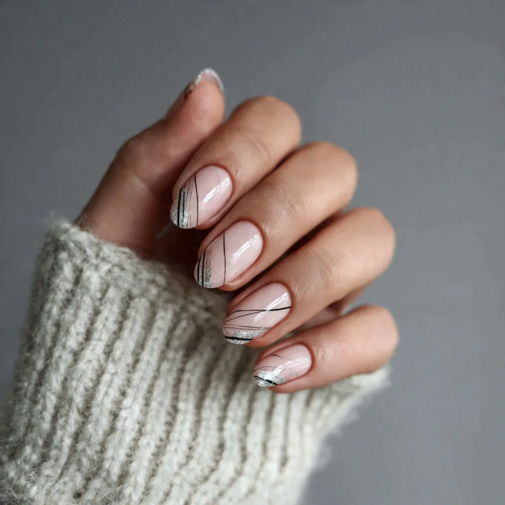 with silver minimalist lines nails