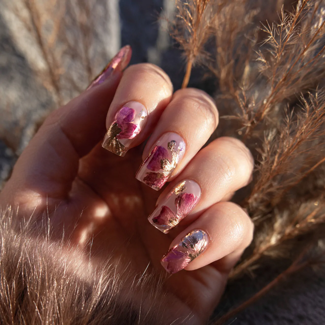 base with metallic petal details nails