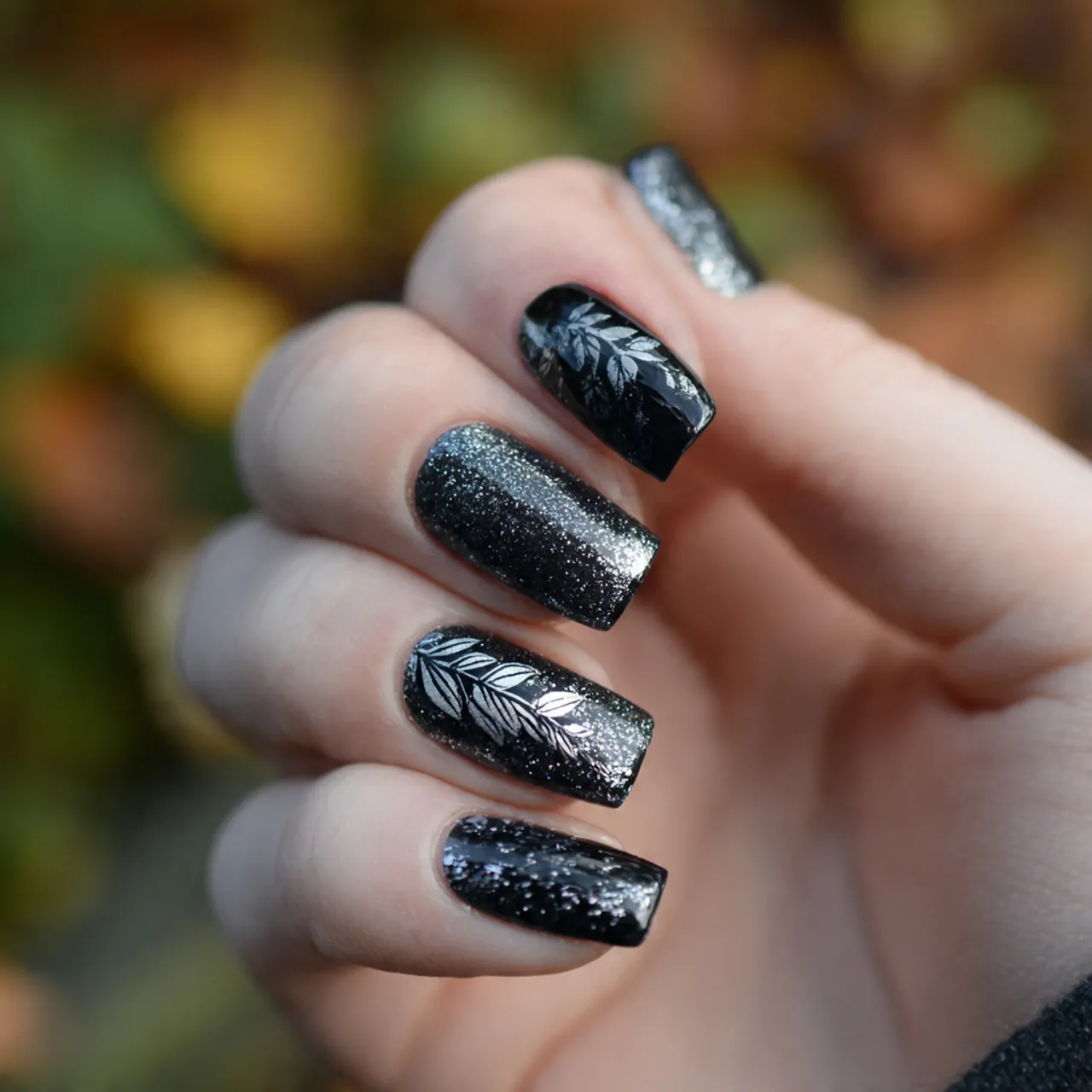 Glitter Nails: 15 Chic, Wearable, and Statement-Making Ideas That Actually Look Polished 11 black and glitter nails nature look nails