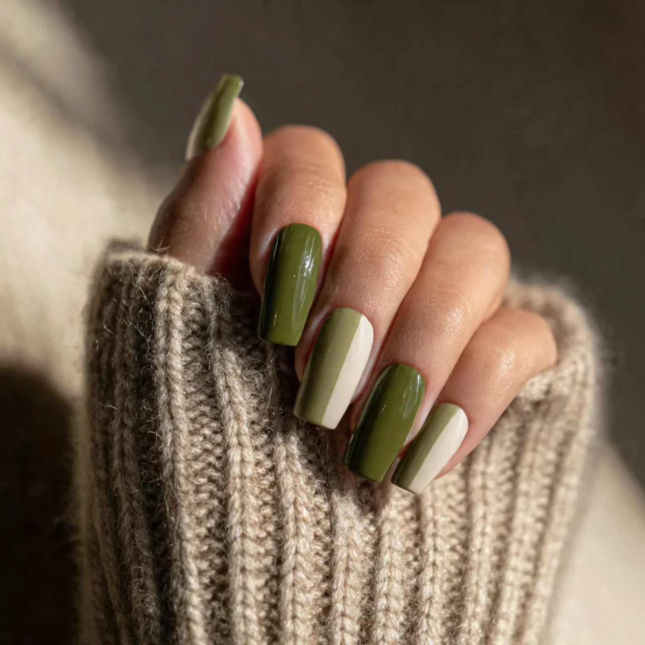 forest green cream with one satin accent nails ima