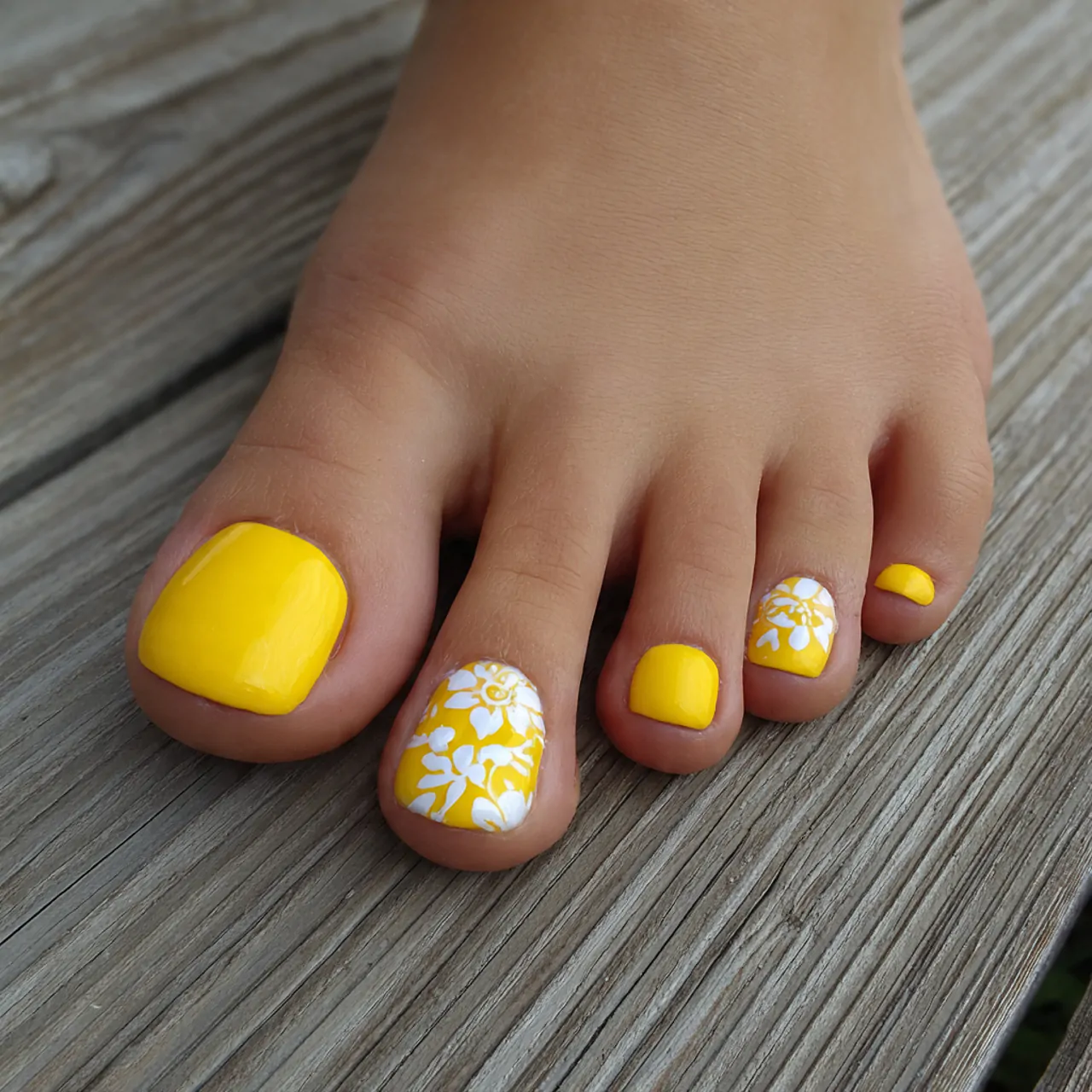 lemon yellow accent summer toe nails