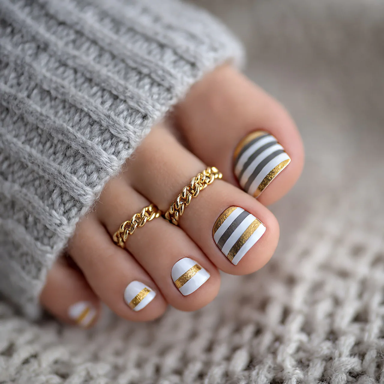 Toe Nail Designs: That Look Polished, Stylish, and Easy to Wear 12 minimal gold stripe toe nail designs awesome look 1