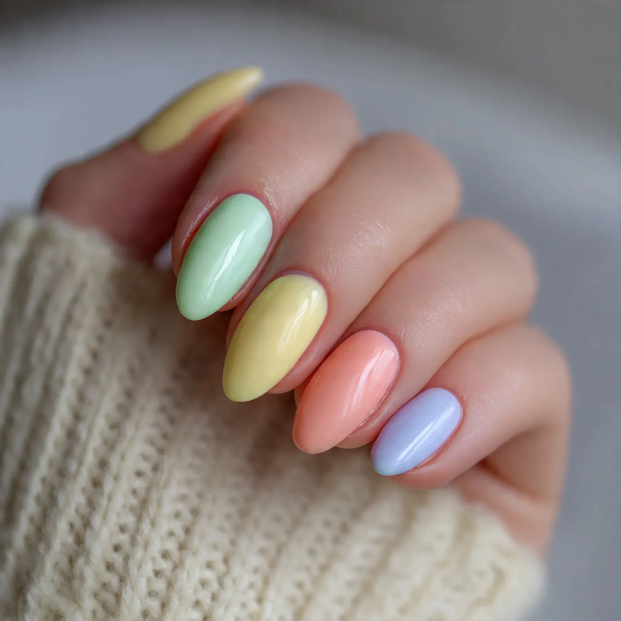 pastel skittle nails with muted tones nails