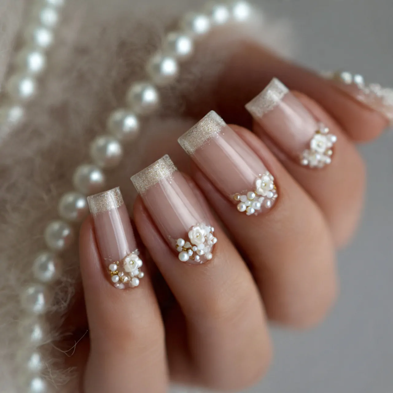 sheer base tiny pearl accent attractive nails