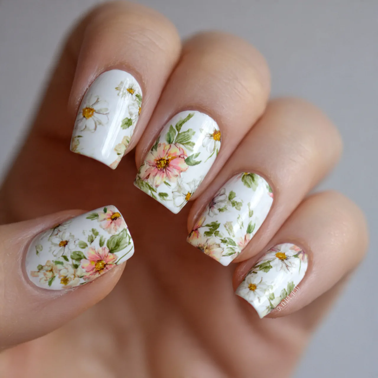 White Nails Ideas: 15 Chic Designs That Always Look Fresh 11 white floral nails pretty nails