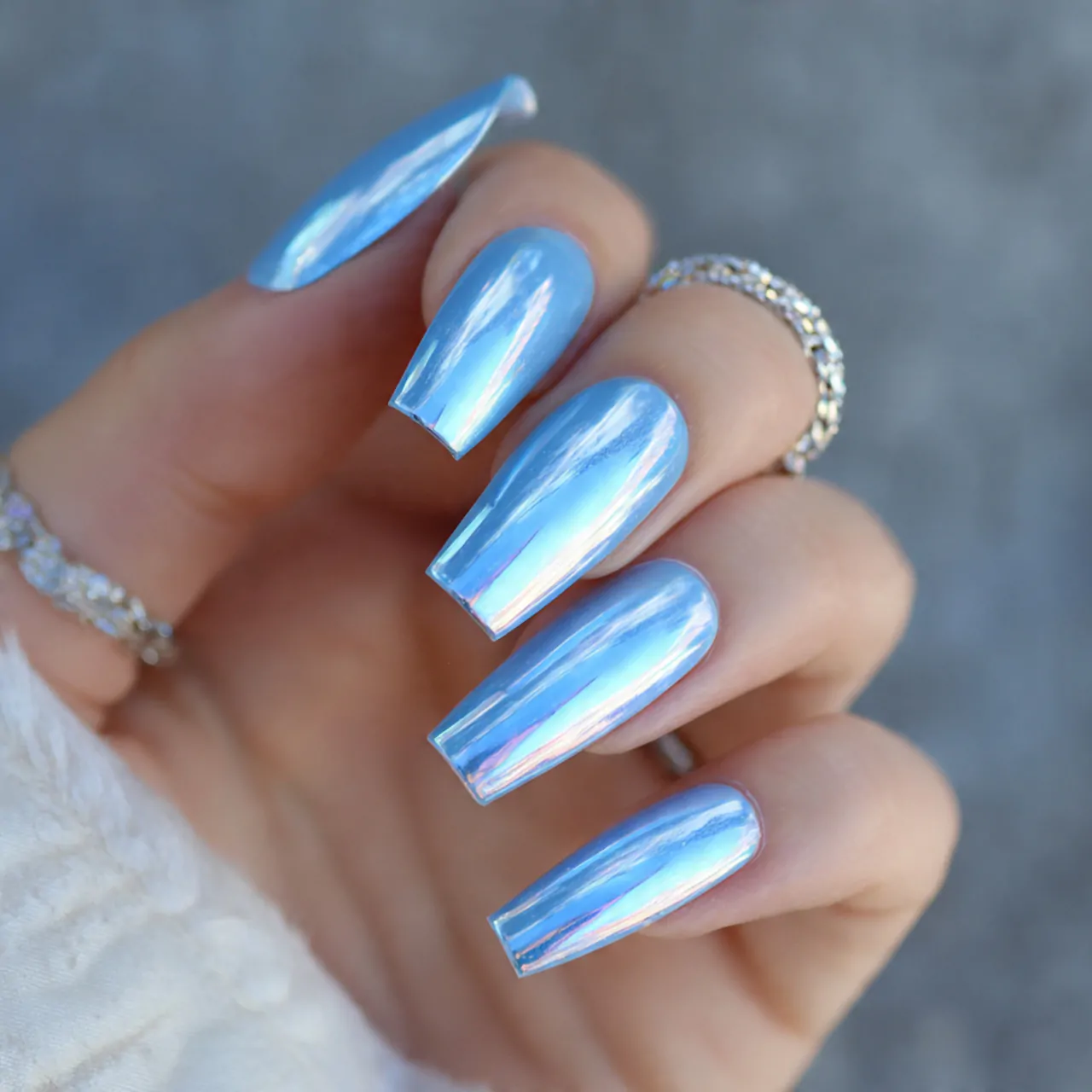 baby blue chrome fade acrylics nails