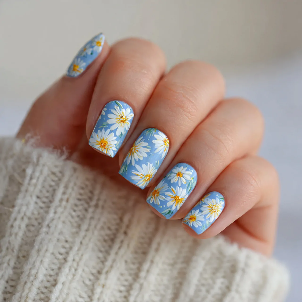 Blue and White Nails: 15 Elegant, Wearable Designs That Still Feel Fresh 14 baby blue daisies on white nails