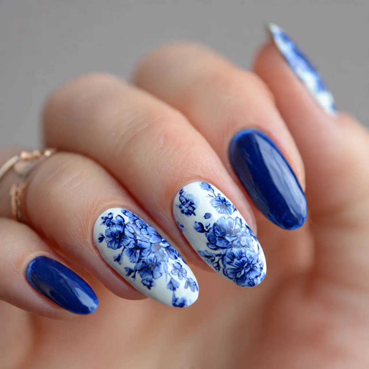Spring Nails Flowers: 15 Fresh Floral Nail Ideas That Look Elegant, Trendy, and Salon-Approved 4 base with blue porcelain flowers nails