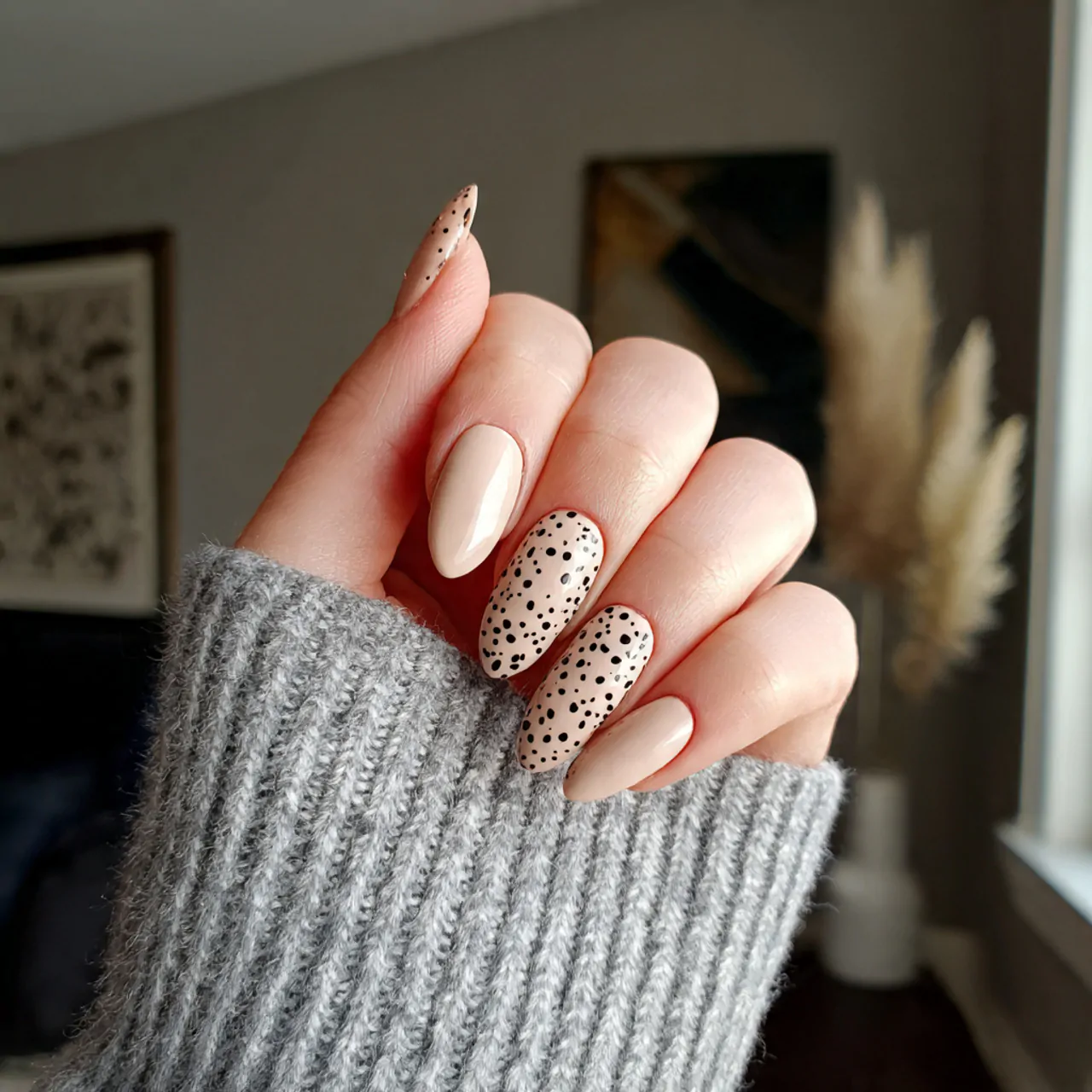 Nail Art Aesthetic: 15 Stylish Designs That Look Beautiful and Wear Well 14 beige nails with black micro dots nails 1