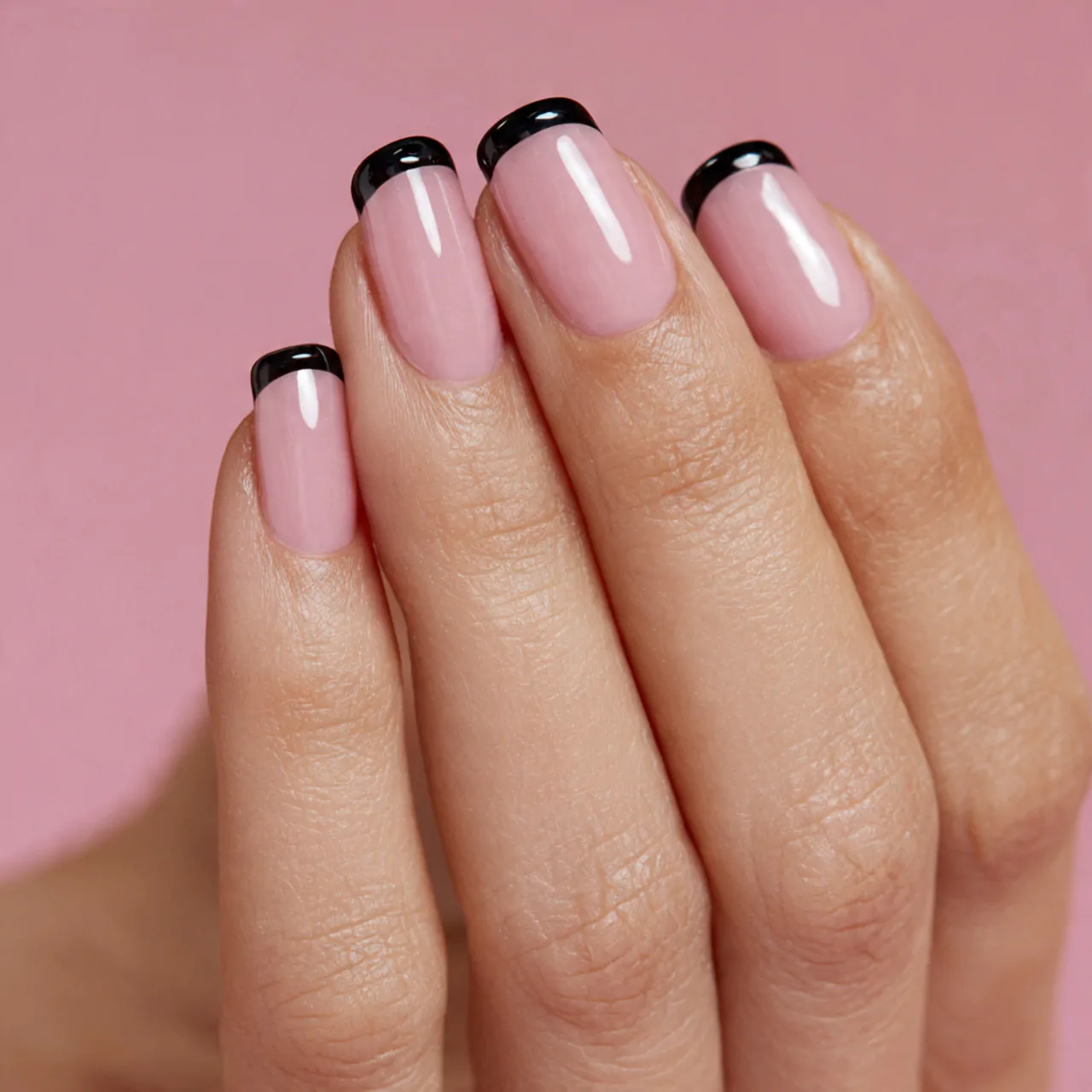 black micro french on a bare pink base nails
