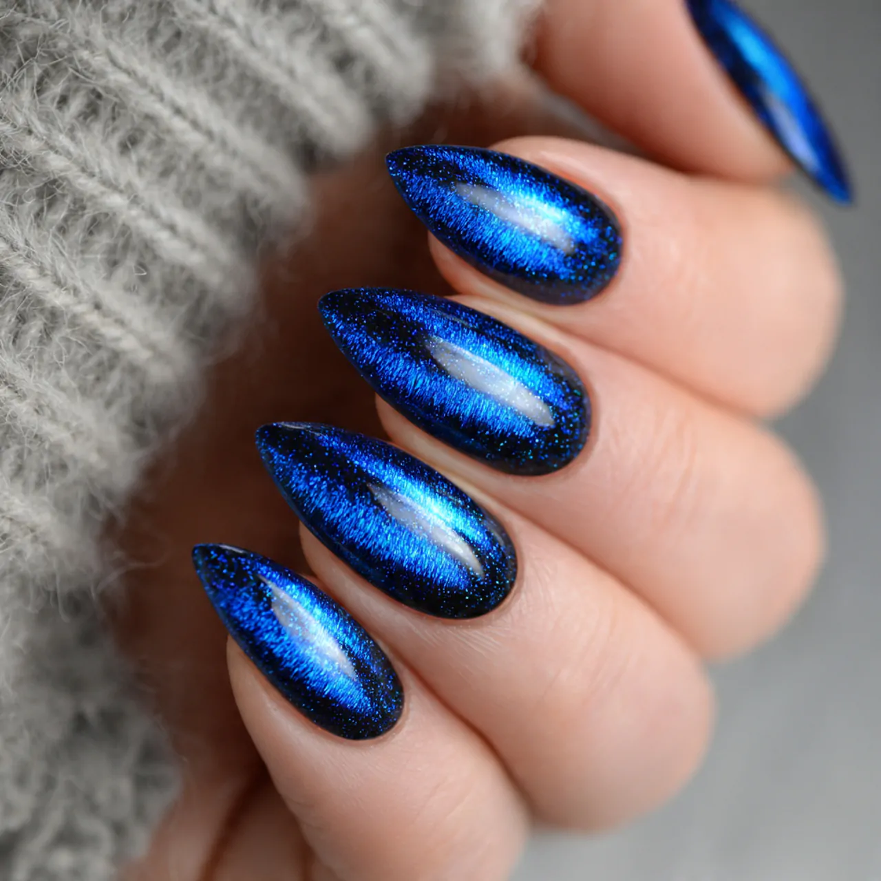 blue cat eye nails with micro glitter nails 1