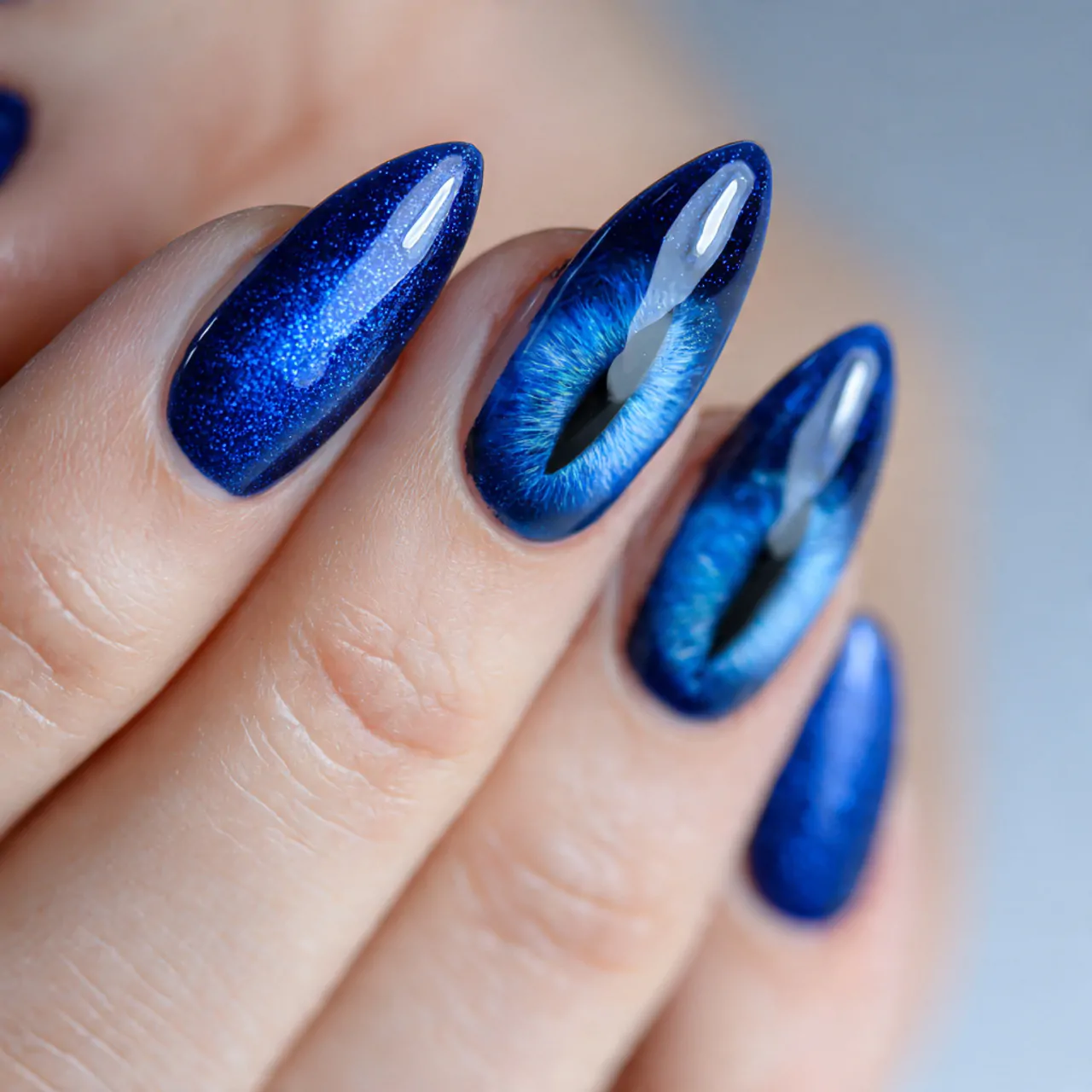blue cat eye nails with negative space nails