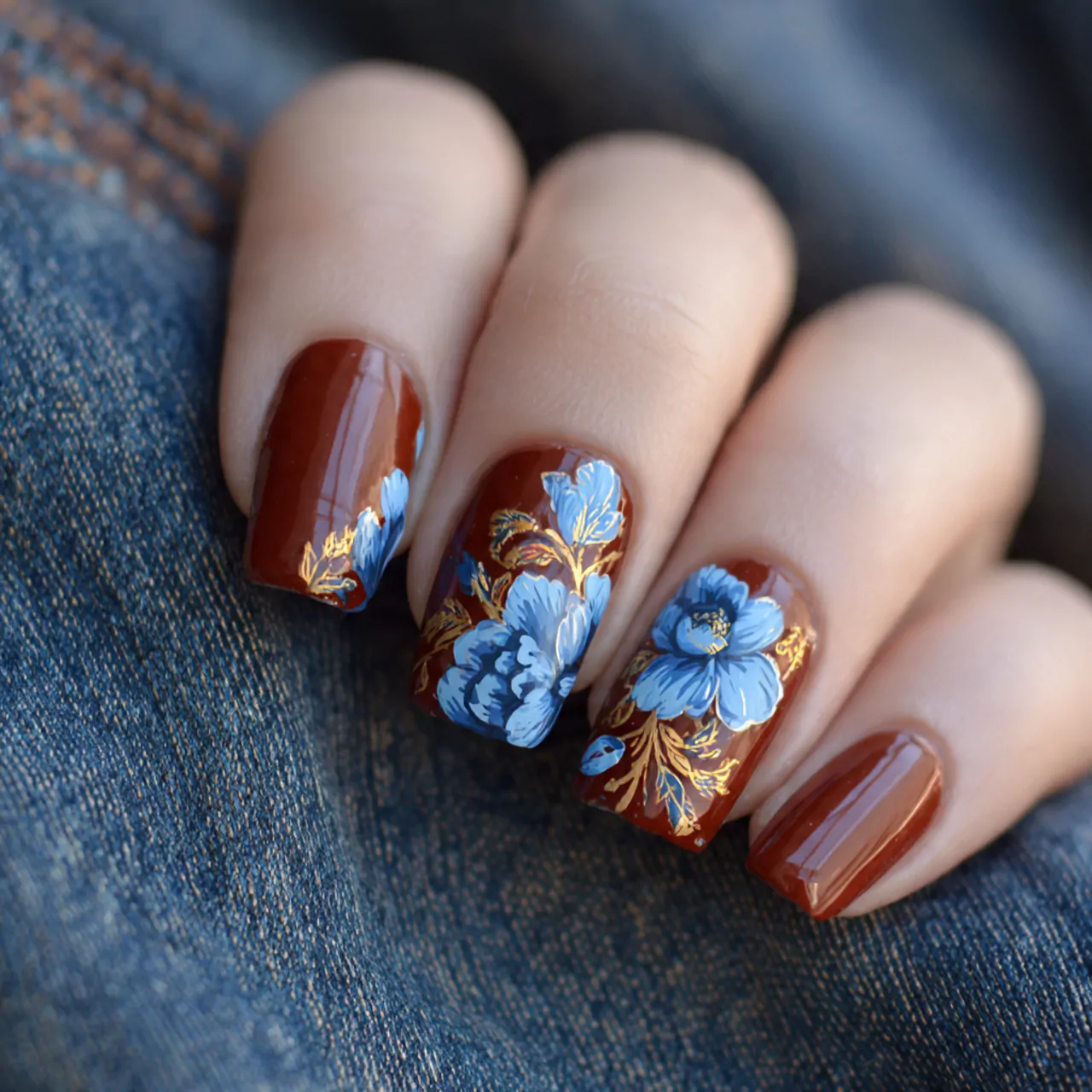 Blue and Brown Nails: 15 Stylish Color Combos That Feel Modern, Chic, and Wearable 8 brown base with blue floral nail art nails